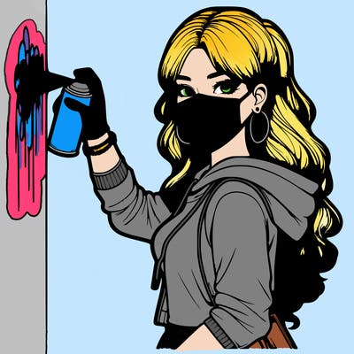 realistic girl with mask spray painting a wall
