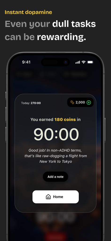 Win Focus: ADHD Focus Timer - Win Focus app screen displaying a completed 90 minute focus session with 180 coins earned and a humorous motivational message for ADHD users