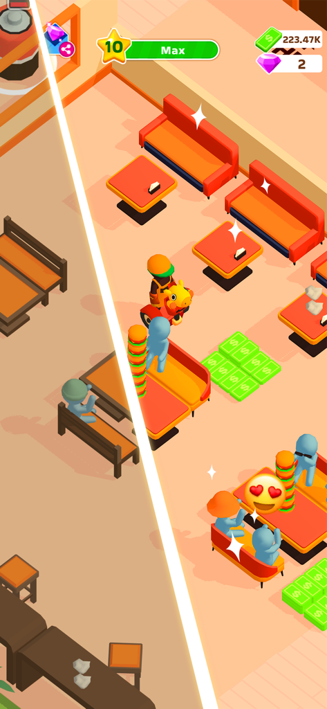 Vue de dessus d'un personnage empilant des burgers dans un restaurant animé avec des clients et des piles d'argent