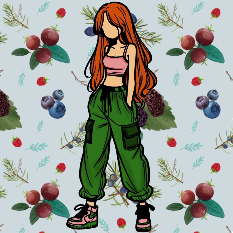 girl in baggy pants crop top and long hair