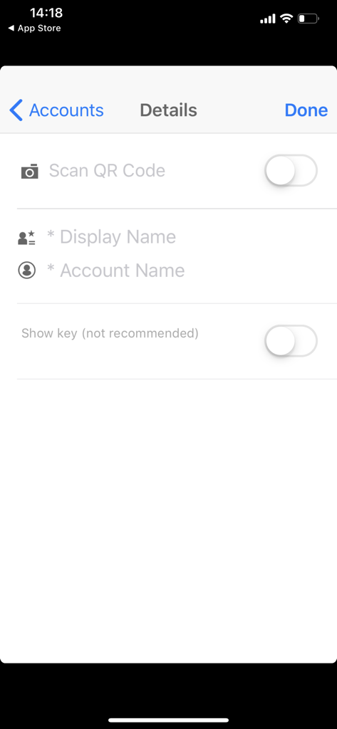 SAP Authenticator app interface showing the account details screen with options to scan a QR code and enter a display name and account name.