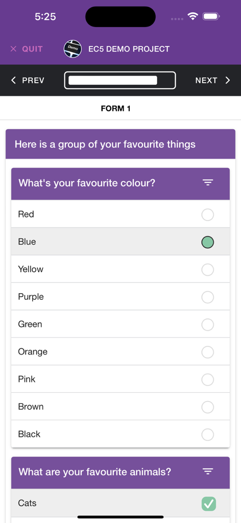 Epicollect5 app screen showing a questionnaire for field data collection