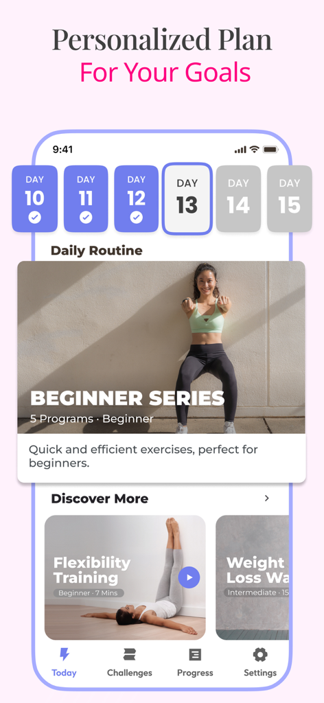 Wall Pilates Challenge:WallFit - Smartphone screen displaying a personalized wall pilates daily routine and beginner workout programs