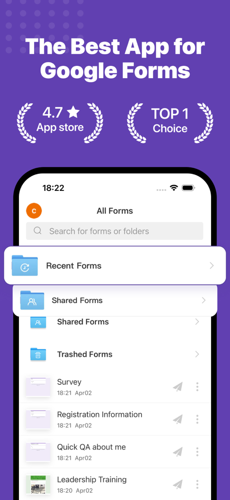 Forms for Google Docs - Interfaz móvil de Forms for Google Docs mostrando formularios recientes y una alta calificación en la App Store