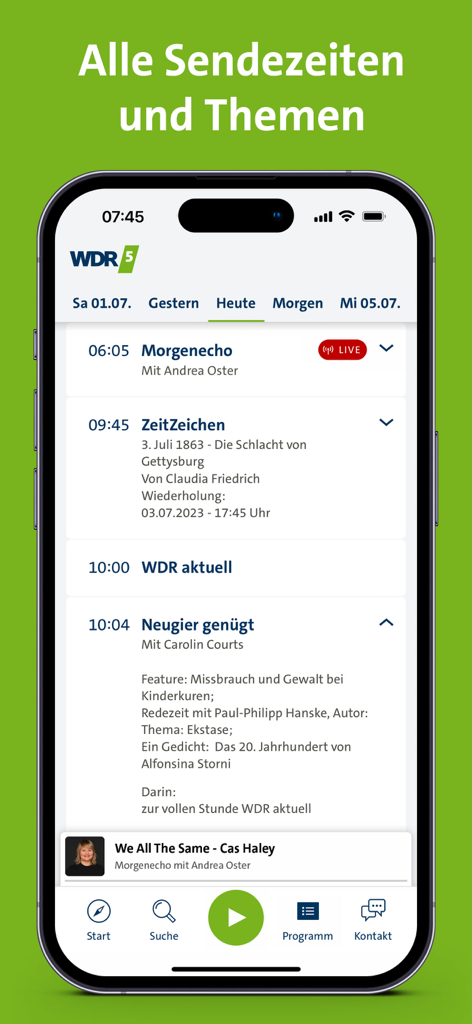 WDR 5 - WDR 5 mobile app interface displaying the daily radio program schedule and broadcast times