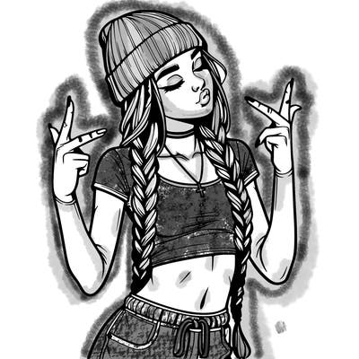realistic teenage girl with braids and a beanie and crop top doing 🫶🏼