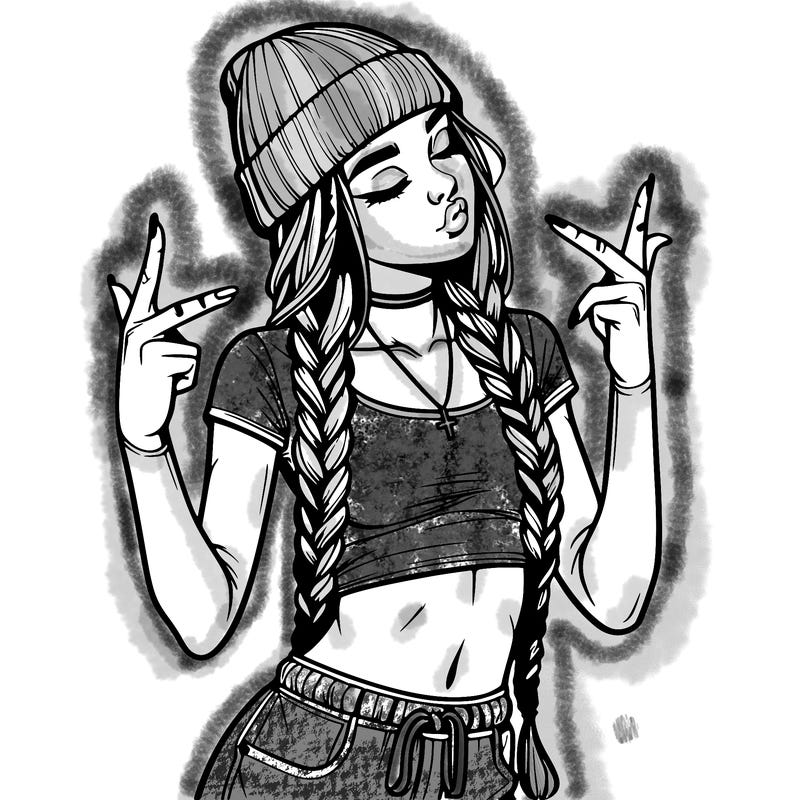 realistic teenage girl with braids and a beanie and crop top doing 🫶🏼