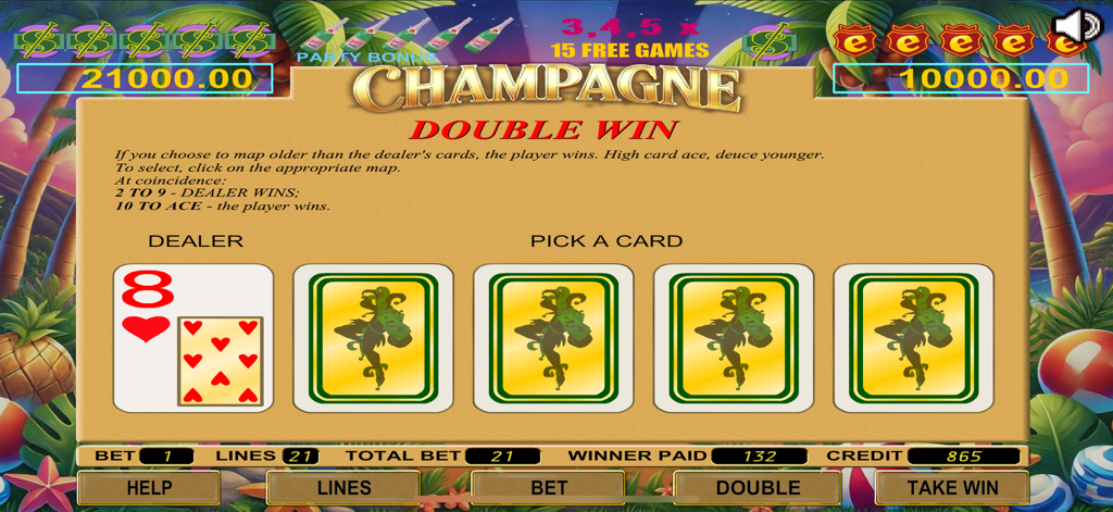 Champagne Slot - A double win bonus game screen in Champagne Slot where a player picks a card higher than the dealer eight of hearts.