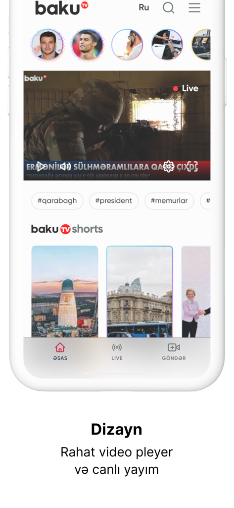 Baku.TV - Baku.TV mobile app interface showing live video news and shorts feed