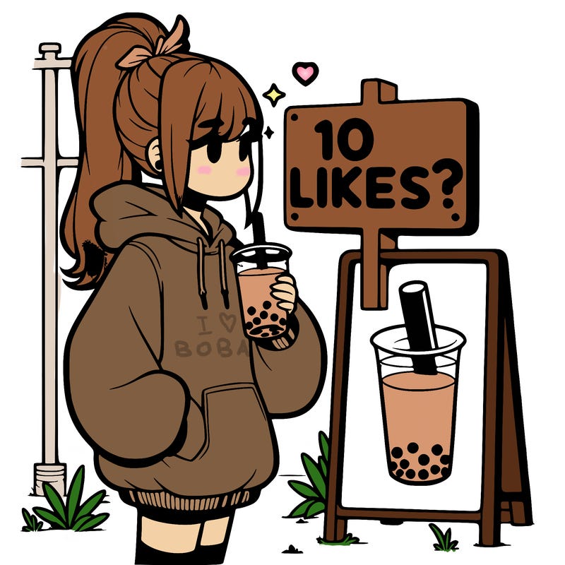 girl with oversized hoodie drinking boba and she has a high ponytail with a sign that says 10likes?