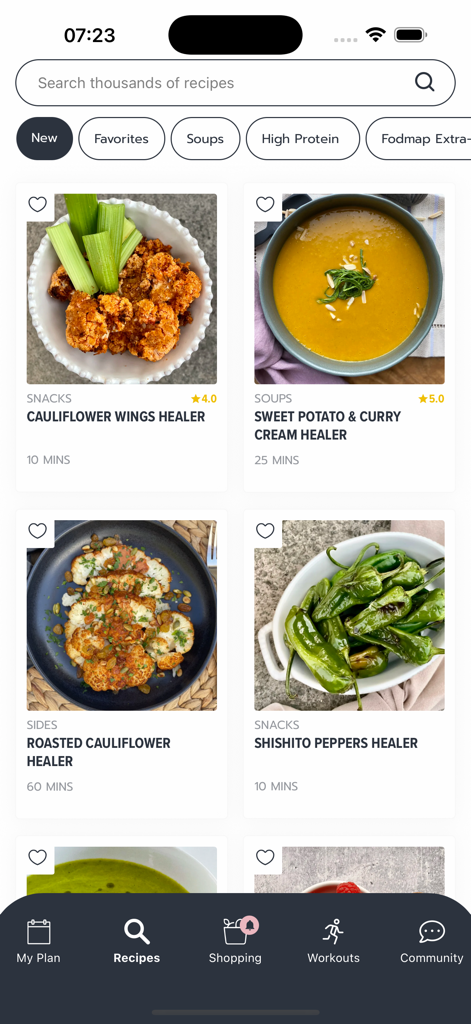 Glow by Rose - Glow by Rose mobile app recipe screen featuring healthy plant-based dishes like cauliflower wings and sweet potato curry