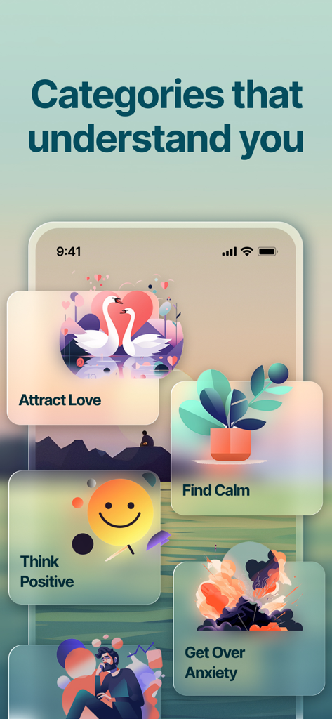 Optimism Daily Positive Quotes - A display of self-care categories in the Optimism app including Attract Love, Find Calm, and Get Over Anxiety.