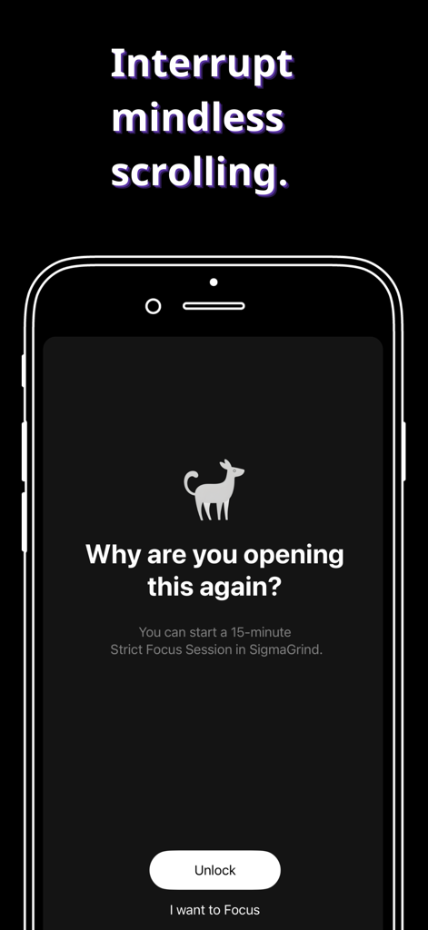 CloseReels: Reduce Scrolling - Pantalla de la app CloseReels mostrando un recordatorio de escudo preguntando '¿por qué estás abriendo esto de nuevo?' para interrumpir el scroll sin sentido.