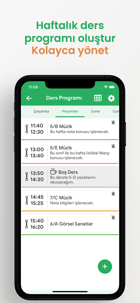 Kazanım Cepte: Yıllık Planlar - Ein mobiler Bildschirm, der den täglichen Unterrichtsplan eines Lehrers mit spezifischen Fächern, Zeiten und Notizen zeigt.