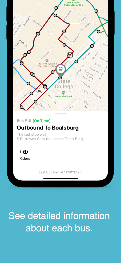 myStop Mobile - Interface of the myStop Mobile app showing a real-time map with bus routes and detailed information about bus capacity and arrival status.