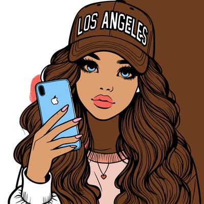 realistic beautiful girl wearing los ángeles cap holding an iphone
