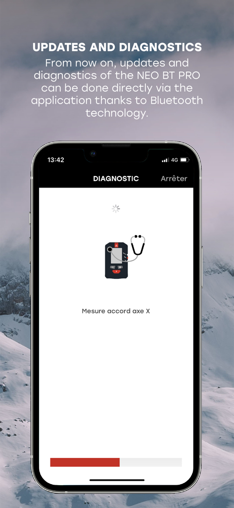 Tela de diagnóstico da aplicação ARVA mostrando atualizações para o transceptor NEO BT PRO via Bluetooth.