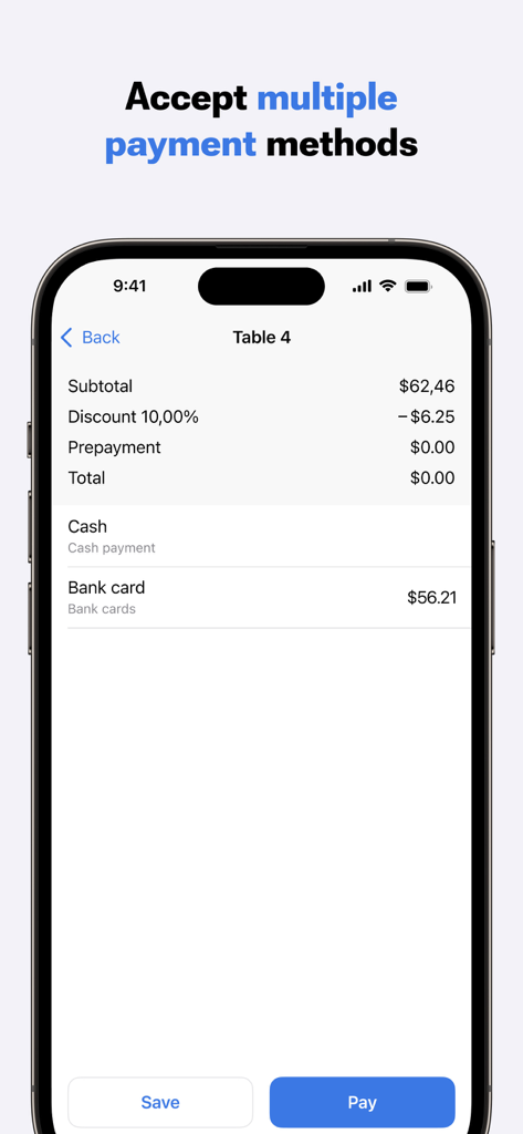 iikoWaiter Mobile App Bildschirm, der eine Restaurantrechnung mit Optionen zur Bar- oder Bankkartenzahlung anzeigt