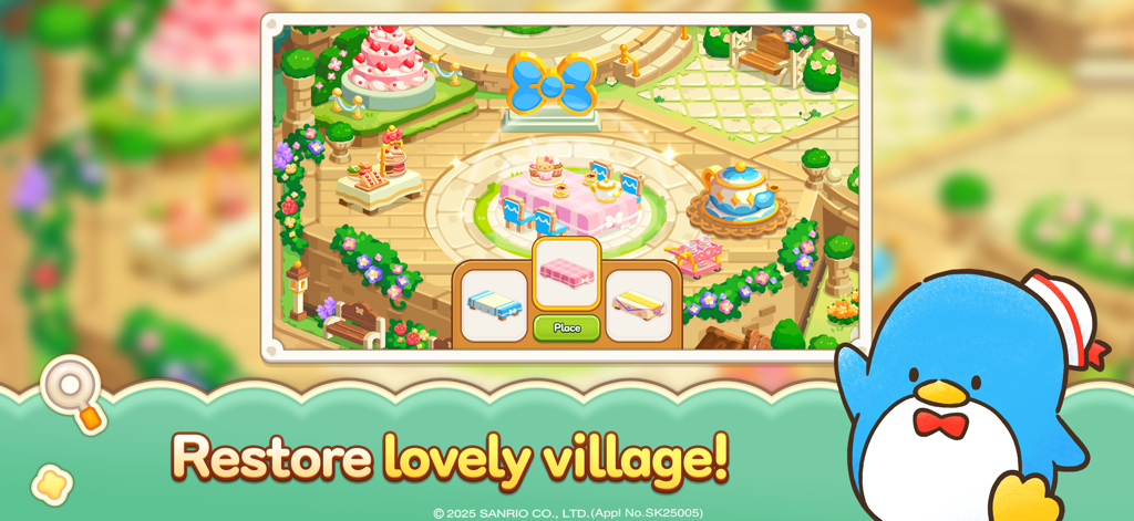A gameplay screenshot of Hello Kitty Friends Match showing village restoration options and Tuxedo Sam