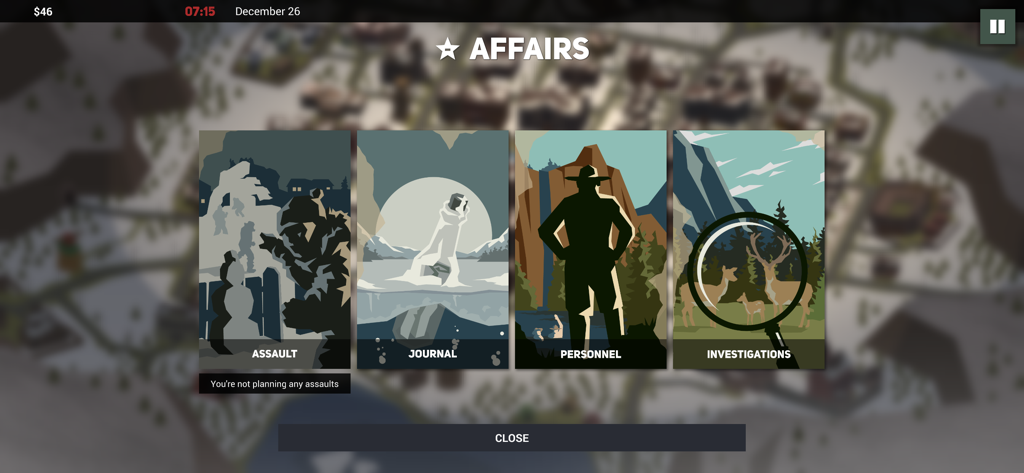 This Is the Police 2 - The Affairs menu in This Is the Police 2 showing Assault Journal Personnel and Investigations categories