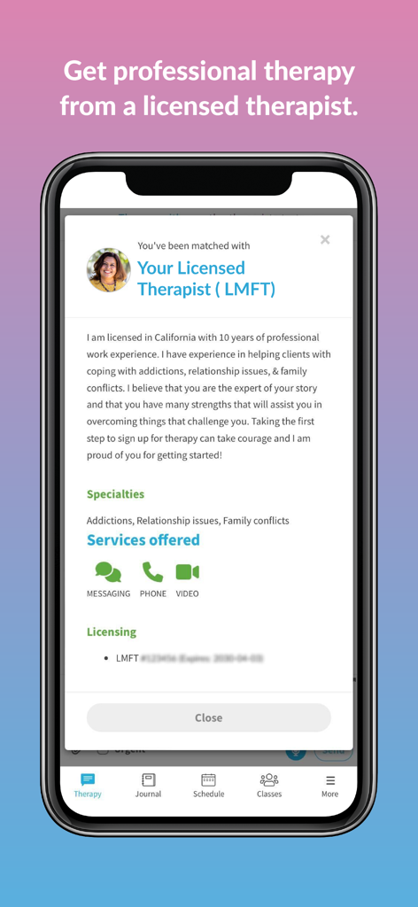 ReGain - Couples Therapy - Licensed therapist profile details in the ReGain app
