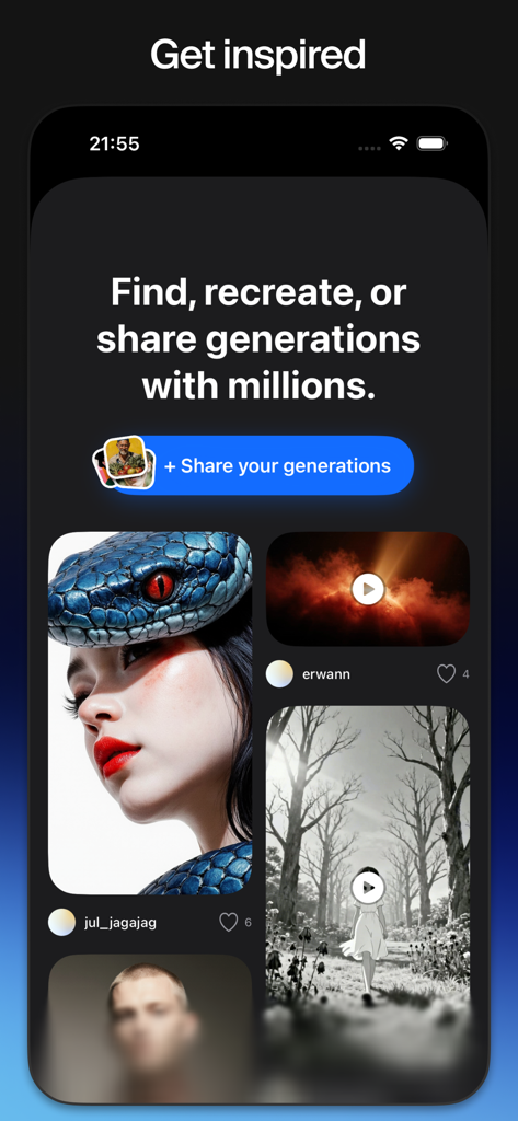 Flux communautaire de l'application Krea montrant une galerie d'images et de vidéos générées par IA pour l'inspiration.