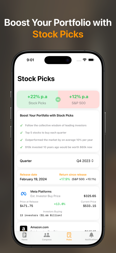 Stock Insider: Track Trades - Pantalla de la aplicación Stock Insider que muestra el rendimiento comparativo de las selecciones de acciones de IA frente al índice S&P 500