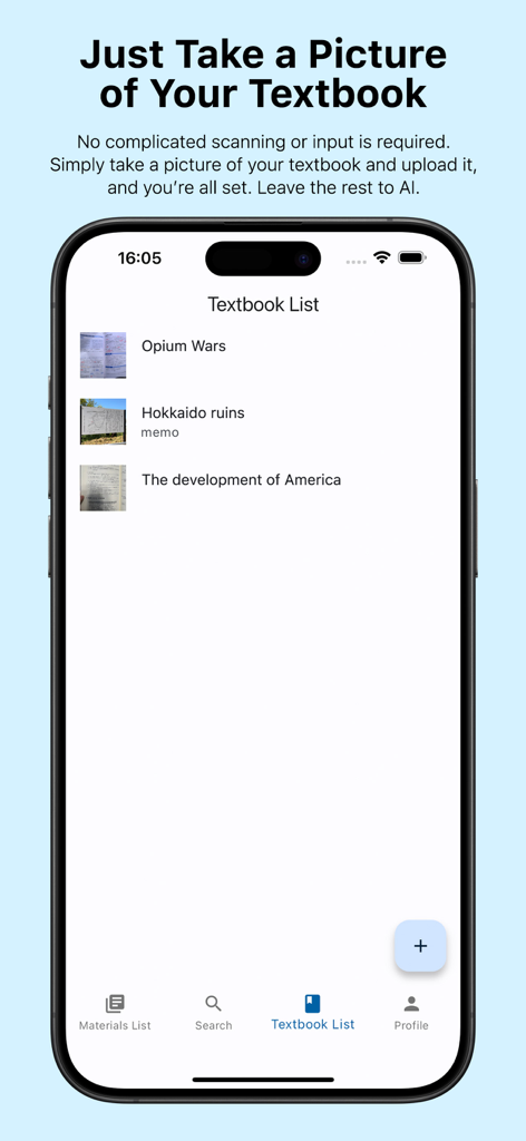 StudyAI: AI-Powered Study Tool - A mobile app interface for StudyAI showing a list of uploaded textbooks like Opium Wars and Hokkaido ruins with an option to take a picture of a new textbook.