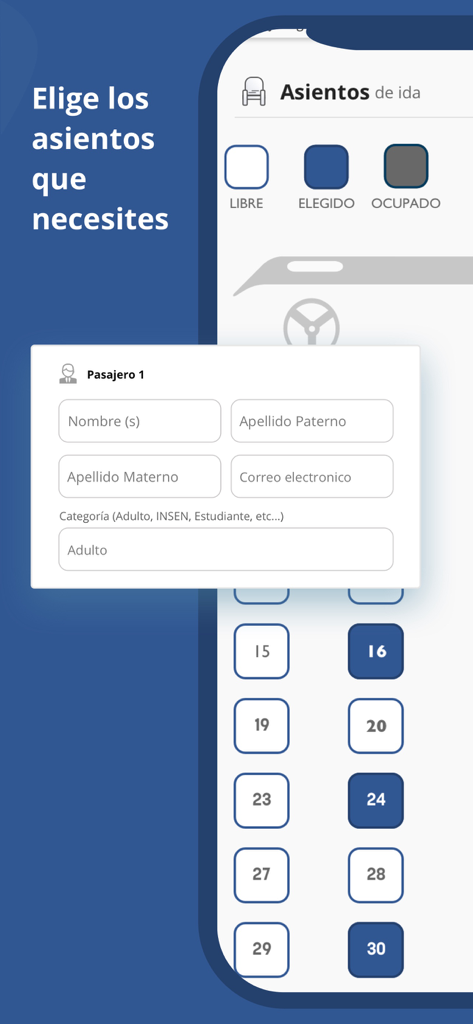 CostaLine - Rutas en Autobus - Interfaz de la app CostaLine mostrando un mapa de asientos de autobús y un formulario de entrada de información del pasajero