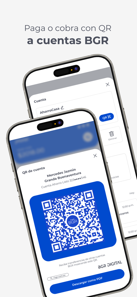 BGR Digital - Pantalla de un smartphone mostrando un código QR para pagos y transferencias dentro de la aplicación bancaria BGR Digital