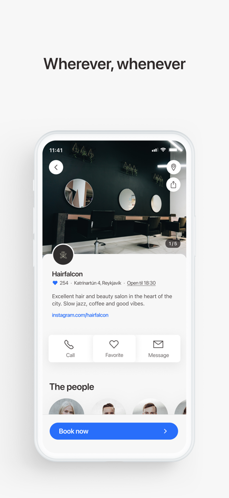 Pantalla de un teléfono inteligente de la aplicación Noona que muestra el perfil de un salón de belleza con un botón de reservar ahora.