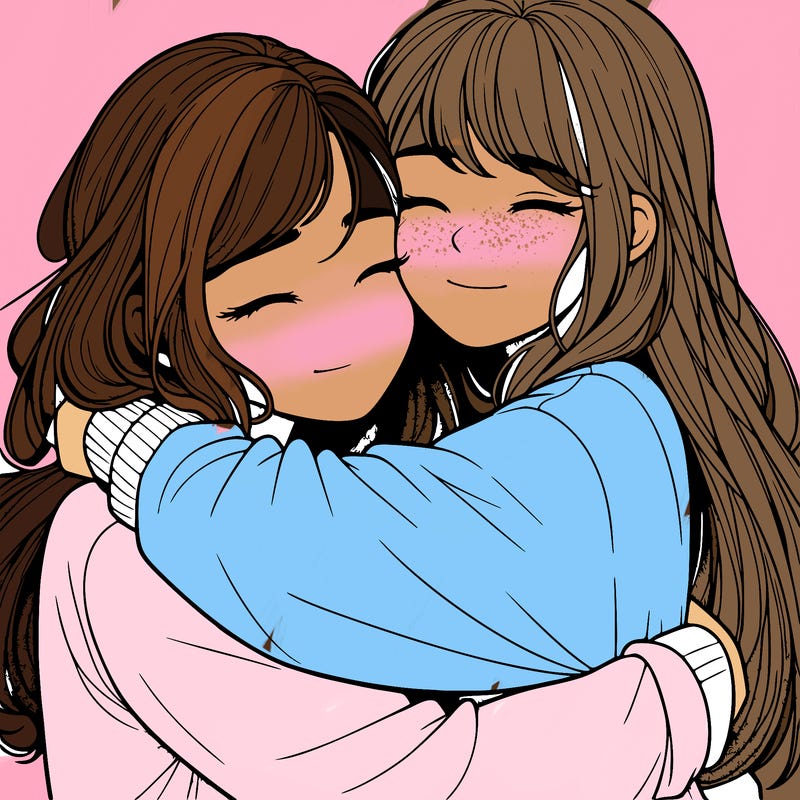 realistic two girls hugging