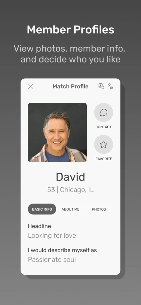 시카고 출신 데이비드라는 사용자를 보여주는 과부 앱 데이트 멤버 프로필 화면