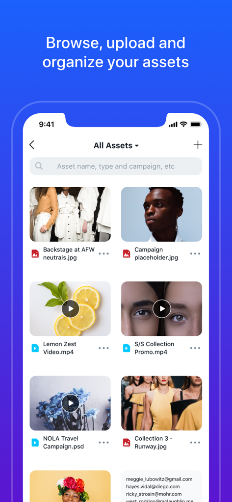 Digital asset management interface on the Sprinklr mobile app showing photos and videos for marketing campaigns.