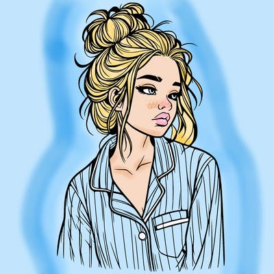 realistic woman with pajamas on and a messy bun