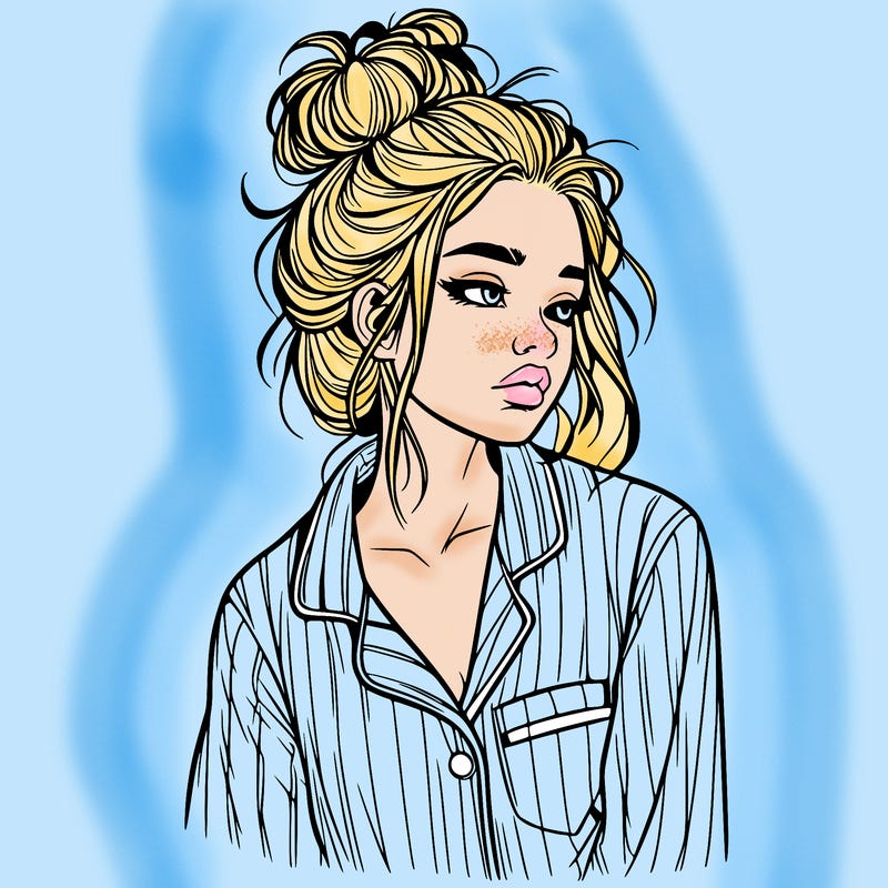 realistic woman with pajamas on and a messy bun
