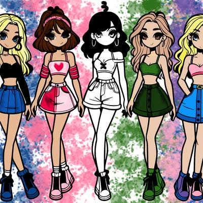 5 girls in crop tops and skirts