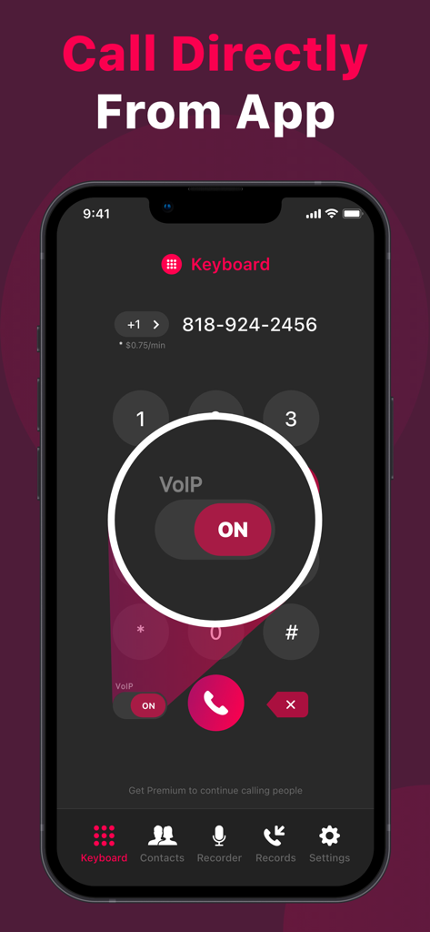 A mobile screen showing the Call Recorder Phone ACR dialer with the VoIP recording toggle switched to ON.
