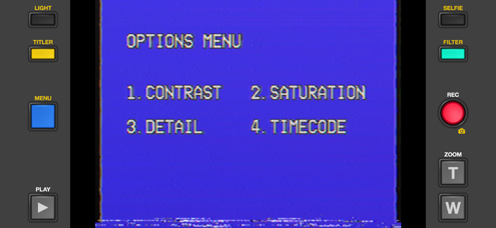 Rarevision VHS: Retro Cam - Rarevision VHS app interface showing an options menu on a retro blue screen with vintage camcorder buttons