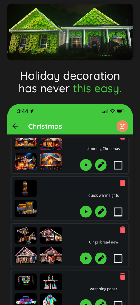 illumibot - illumibot app interface displaying holiday decoration presets and a house with projected green leaf patterns