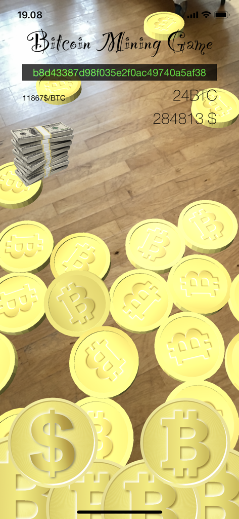 Bitcoin Mining Game - Bitcoin Mining Game interface showing virtual gold coins and stacks of cash in an augmented reality living room.