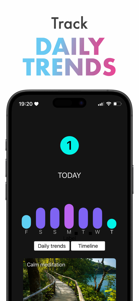StressFace: HRV Stress Tracker - StressFace app dashboard showing daily stress level trends and a meditation feature on an iPhone