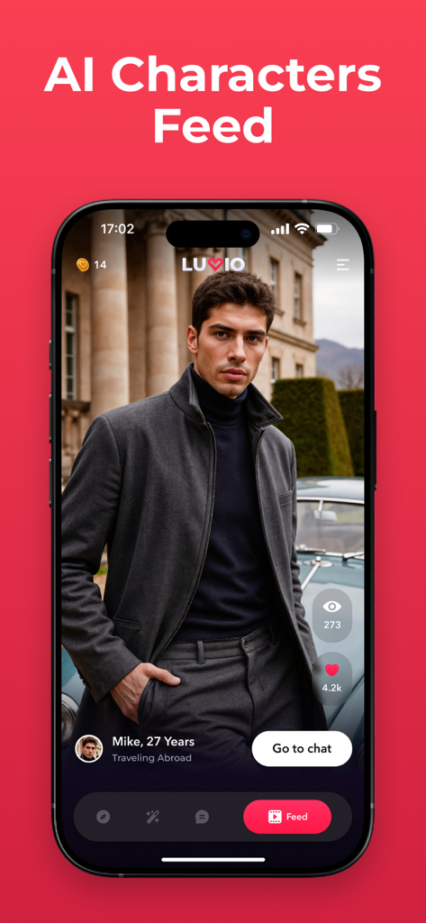 Luvio: Chat with AI Character - Luvio app screen showing a profile feed for an AI character named Mike.