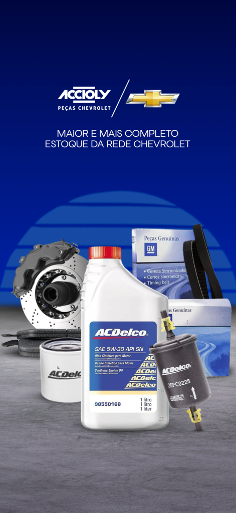 Exibição do aplicativo Accioly GM apresentando peças Chevrolet genuínas e óleo e filtros de motor ACDelco.