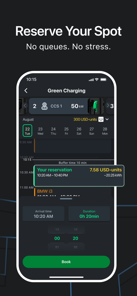 GO TO-U: EV Charging App - EV充電ステーションのスポット予約プロセスを表示するGO TO-Uアプリのインターフェース