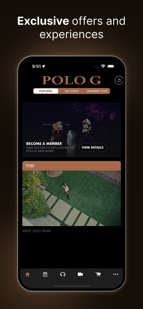 Polo G - Official App - Polo G Official App interface displaying featured content and membership options for exclusive fan access.