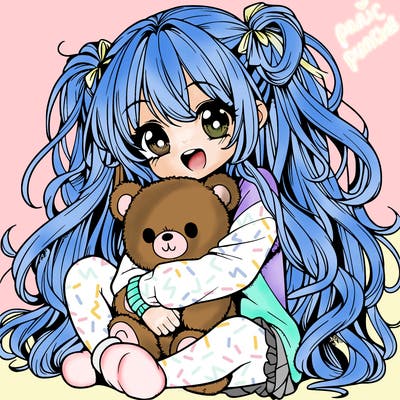 manga girl, long curly hair, happy, cuddling a teddy bear