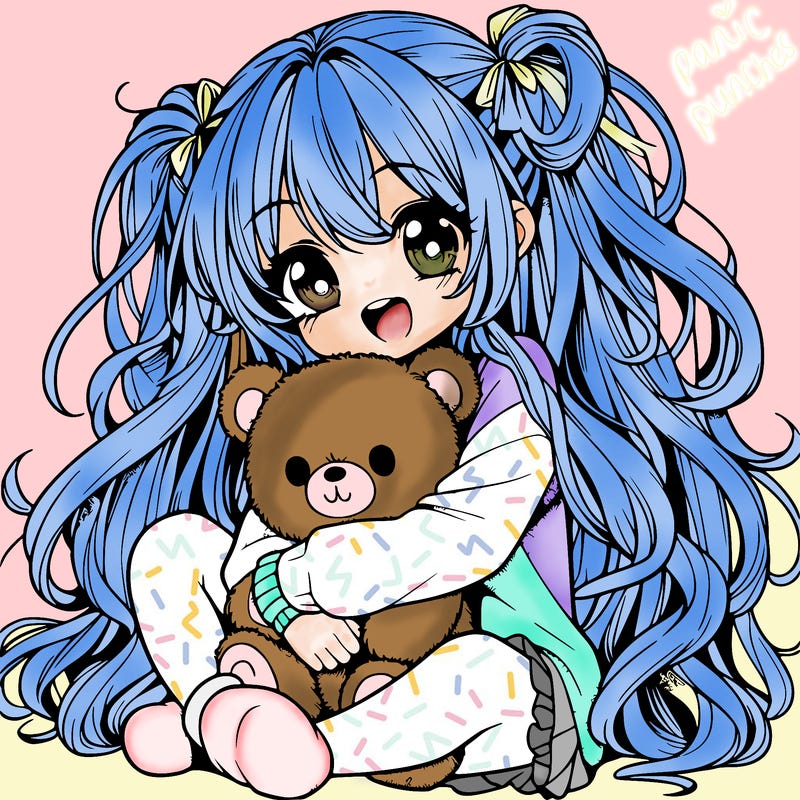 manga girl, long curly hair, happy, cuddling a teddy bear