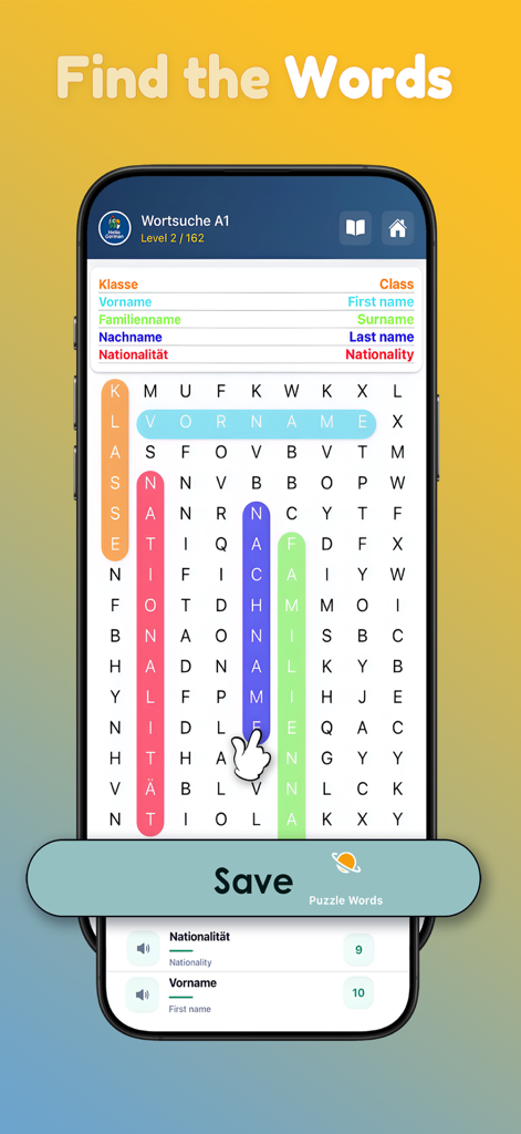 Hello German - Learn German - Um jogo de caça-palavras em alemão dentro do aplicativo Hello German apresentando vocabulário básico e traduções.