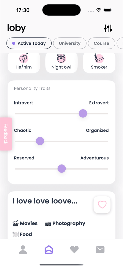 Loby app profile screen showing personality traits and student interests